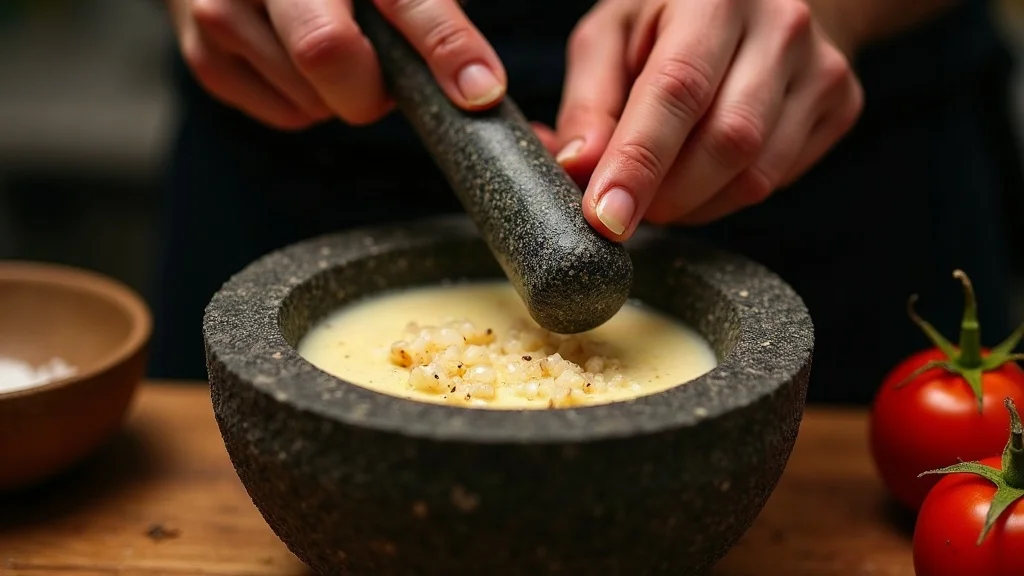 Técnica de molienda en molcajete de piedra volcánica con tejolote