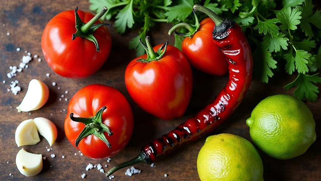 Ingredientes frescos y comal para salsa de molcajete tradicional