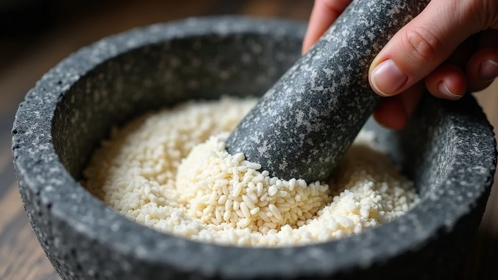 Molienda de arroz blanco y sal para pulir el molcajete de piedra