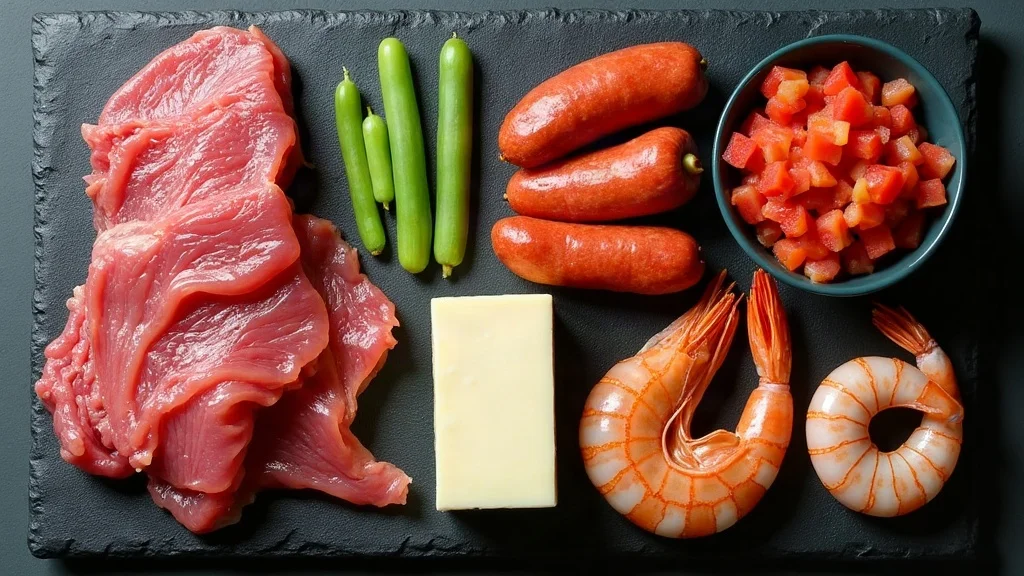 Ingredientes para molcajete mixto de carnes y mariscos