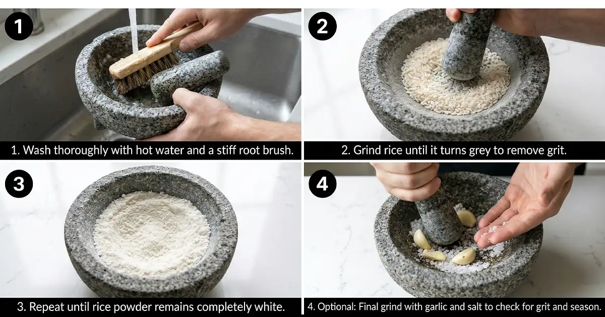 Traditional rice seasoning on volcanic molcajete
