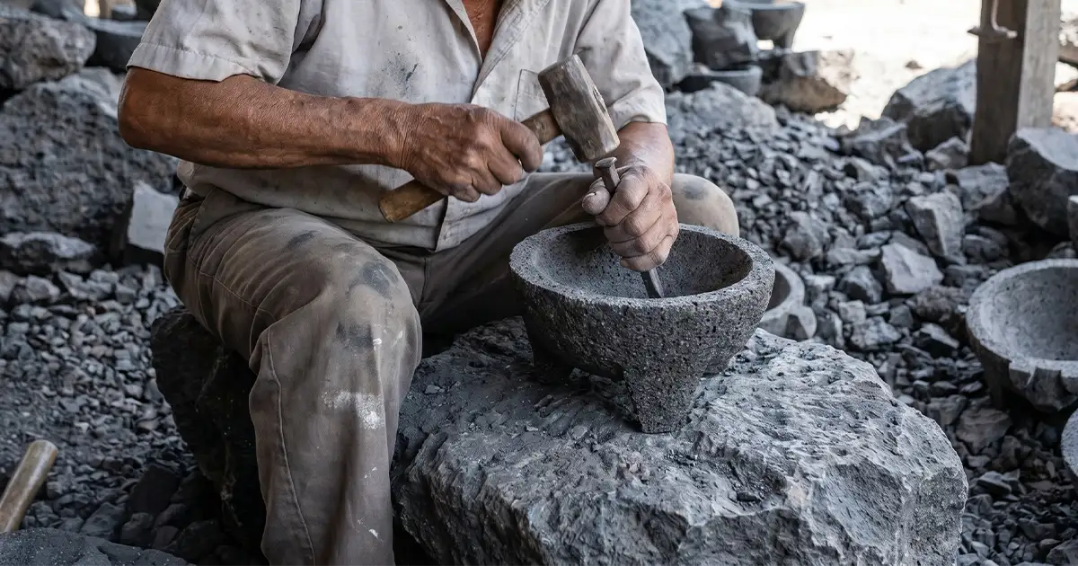 Artesanos tallando molcajetes auténticos de basalto volcánico en San Salvador el Seco Puebla